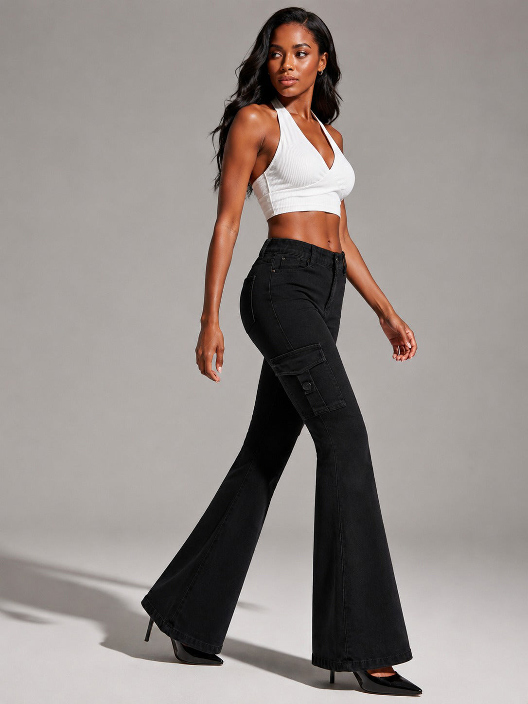 Black Vintage-Wash Cargo Flare Jeans - view 5