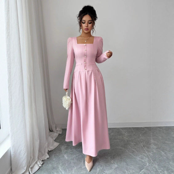 Pleated Puff-Sleeve Maxi Dress in Pink – main view