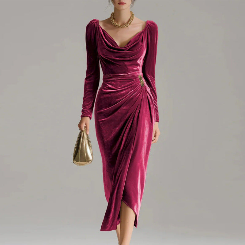 Long-Sleeve Velvet Slit Maxi Dress - view 3