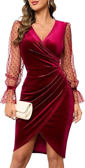 Lace Velvet Bodycon Sheath Dress in Red – view 6 of 7