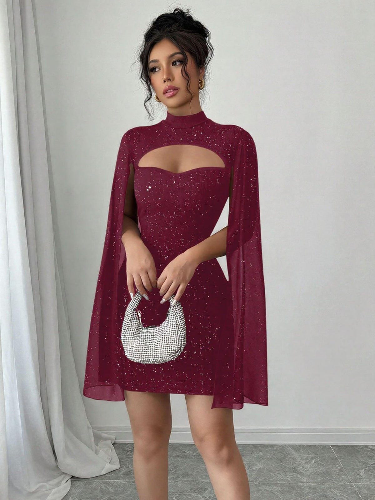 Ribbed Cape Bodycon Mini Dress in Burgundy – view 5 of 10