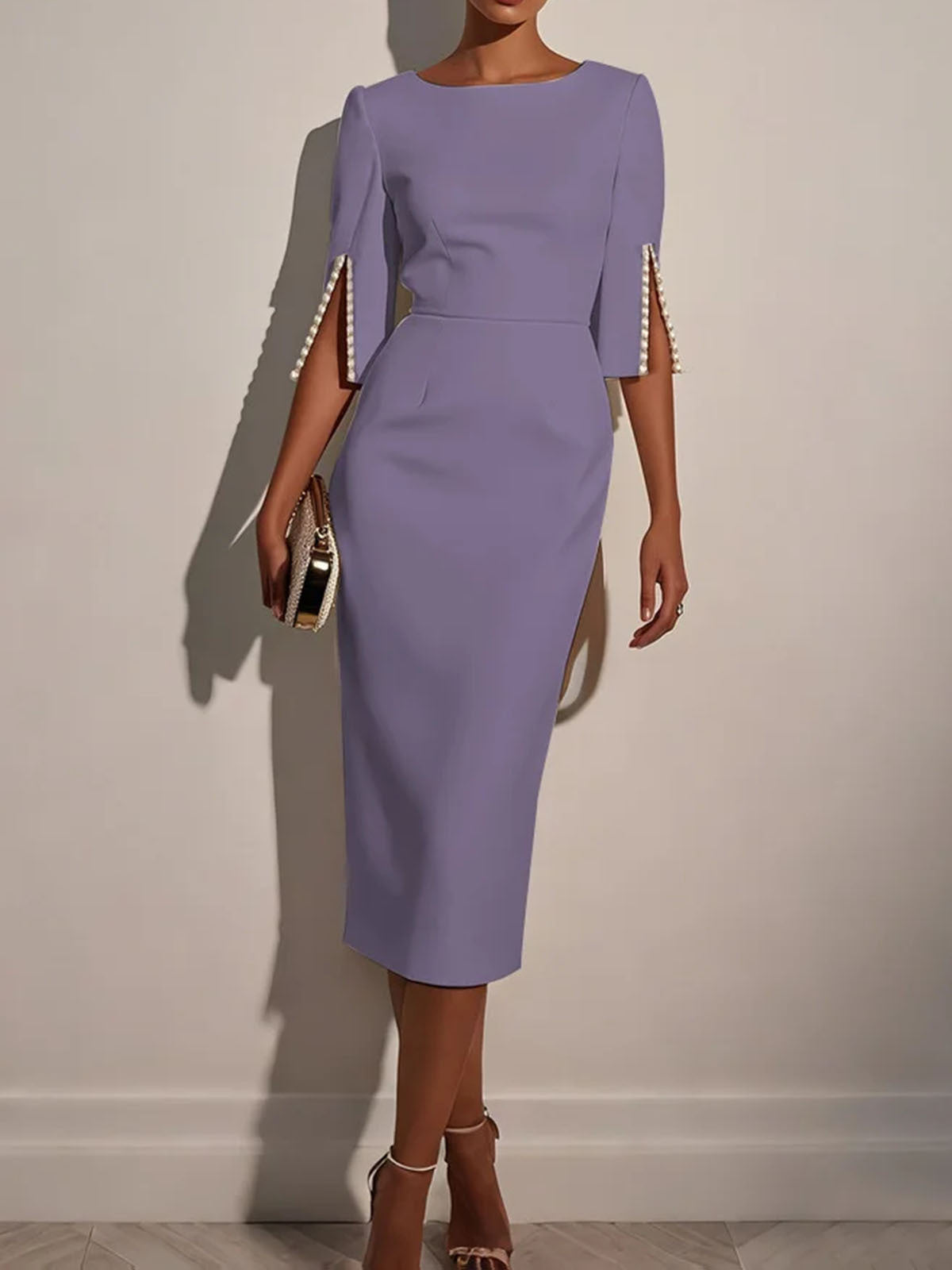 Beaded Half-Sleeve Work Dress in Purple – view 7 of 10
