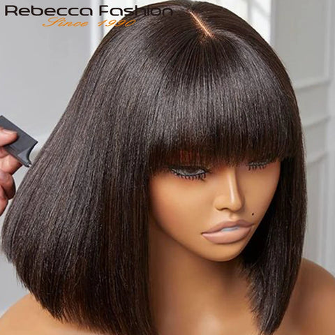 Straight Human Hair Wigs With Bangs Fringe Middle Part Bob Lace Wigs Realistic Scalp Brazilian Straight Bob Lace Wigs With Bangs