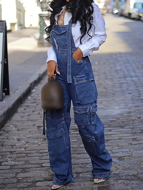 Women's Loose Fit Denim Overalls - Wide Leg Cargo Jumpsuit with Adjustable Straps & Flap Pockets, Casual Streetwear Blue
