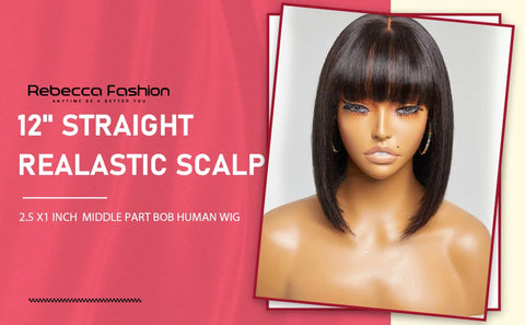 Straight Human Hair Wigs With Bangs Fringe Middle Part Bob Lace Wigs Realistic Scalp Brazilian Straight Bob Lace Wigs With Bangs