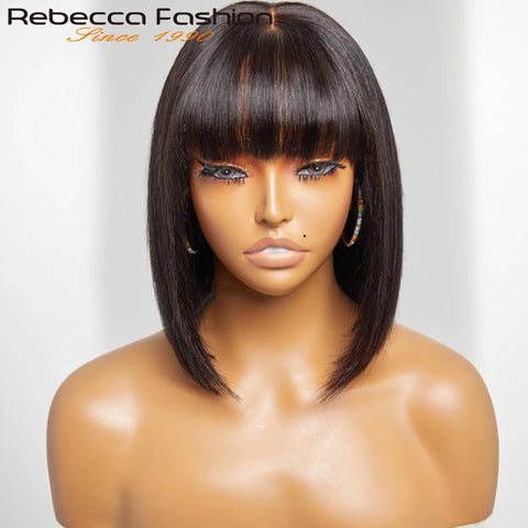 Straight Human Hair Wigs With Bangs Fringe Middle Part Bob Lace Wigs Realistic Scalp Brazilian Straight Bob Lace Wigs With Bangs