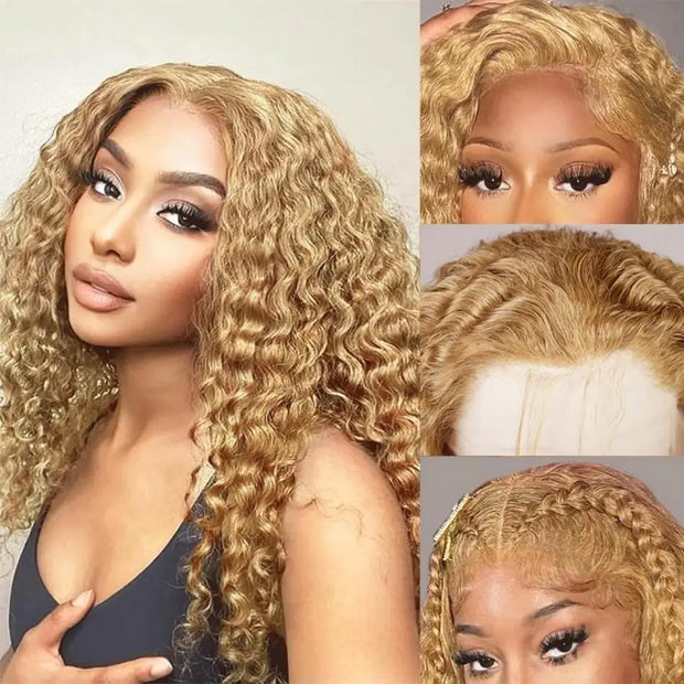 Wiggogo Honey Blonde Curly Human Hair Colored Wig Deep Wave 13X6 Hd Lace Front 100% Human Hair Wigs 13X4 Lace Frontal Wig
