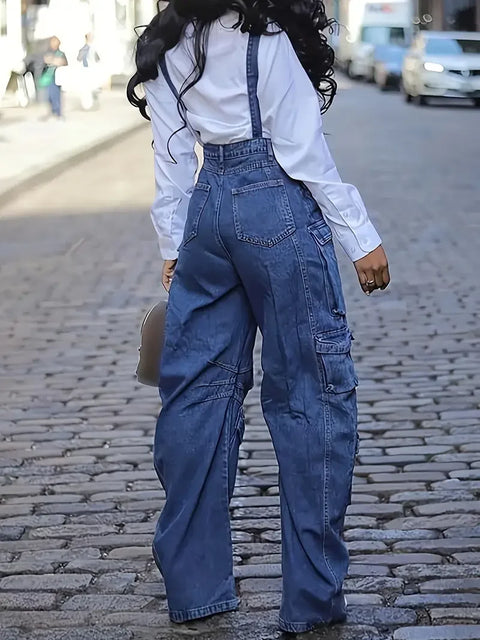 Women's Loose Fit Denim Overalls - Wide Leg Cargo Jumpsuit with Adjustable Straps & Flap Pockets, Casual Streetwear Blue