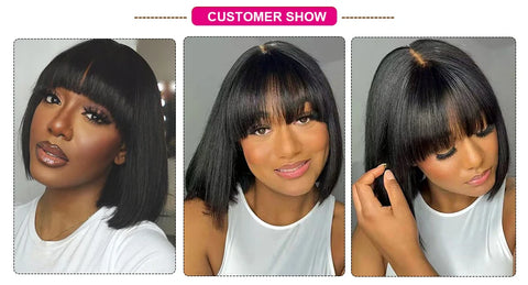 Straight Human Hair Wigs With Bangs Fringe Middle Part Bob Lace Wigs Realistic Scalp Brazilian Straight Bob Lace Wigs With Bangs