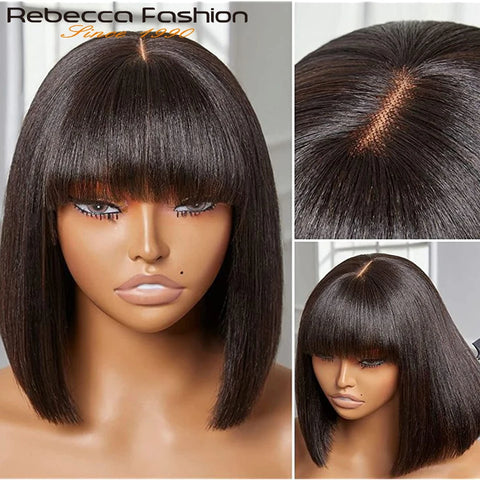 Straight Human Hair Wigs With Bangs Fringe Middle Part Bob Lace Wigs Realistic Scalp Brazilian Straight Bob Lace Wigs With Bangs