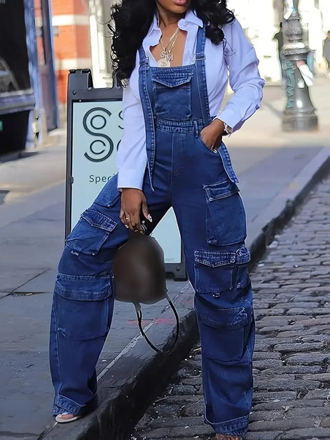 Women's Loose Fit Denim Overalls - Wide Leg Cargo Jumpsuit with Adjustable Straps & Flap Pockets, Casual Streetwear Blue