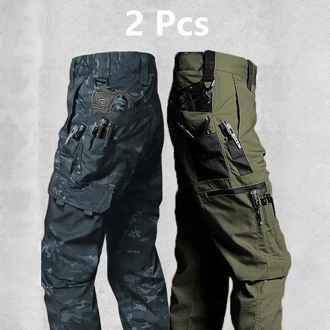 2Pcs  Men's Tactical Pants Outdoor Work Casual Cargo Trousers Waterproof Multi-pocket Wear-Resistant Outdoor Training Trousers