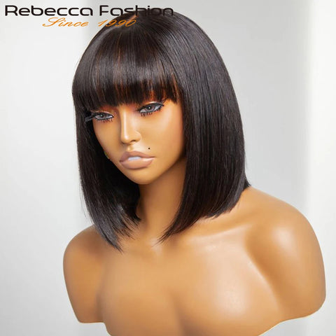 Straight Human Hair Wigs With Bangs Fringe Middle Part Bob Lace Wigs Realistic Scalp Brazilian Straight Bob Lace Wigs With Bangs