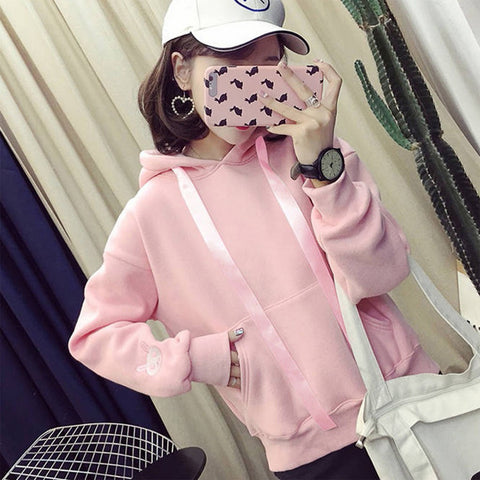 Kawaii Rabbit Ears Hoodie Winter Long Sleeve Blouse Loose Sweatshirt Design Cuff Printed Hooded Sweatshirt Soft Draw String Top