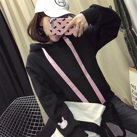 Kawaii Rabbit Ears Hoodie Winter Long Sleeve Blouse Loose Sweatshirt Design Cuff Printed Hooded Sweatshirt Soft Draw String Top