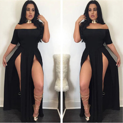 Women Sexy Slash Neck Maxi Dress Solid Color High Slit Formal Party Dress Fashion Slim Summer Dress Vestido De Mulher