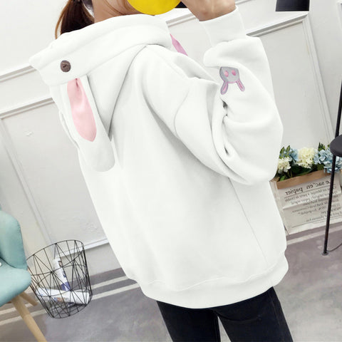 Kawaii Rabbit Ears Hoodie Winter Long Sleeve Blouse Loose Sweatshirt Design Cuff Printed Hooded Sweatshirt Soft Draw String Top