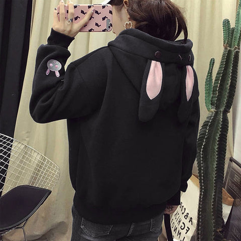 Kawaii Rabbit Ears Hoodie Winter Long Sleeve Blouse Loose Sweatshirt Design Cuff Printed Hooded Sweatshirt Soft Draw String Top