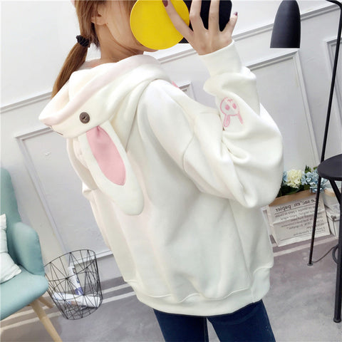 Kawaii Rabbit Ears Hoodie Winter Long Sleeve Blouse Loose Sweatshirt Design Cuff Printed Hooded Sweatshirt Soft Draw String Top