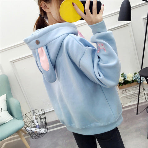 Kawaii Rabbit Ears Hoodie Winter Long Sleeve Blouse Loose Sweatshirt Design Cuff Printed Hooded Sweatshirt Soft Draw String Top