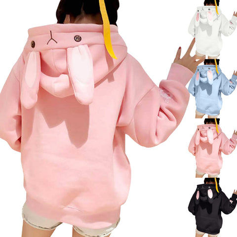 Kawaii Rabbit Ears Hoodie Winter Long Sleeve Blouse Loose Sweatshirt Design Cuff Printed Hooded Sweatshirt Soft Draw String Top