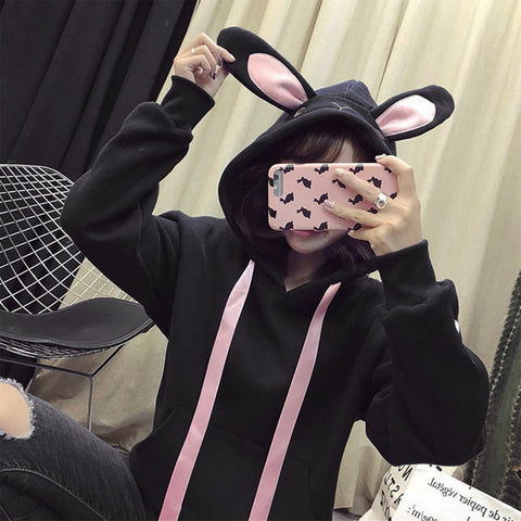 Kawaii Rabbit Ears Hoodie Winter Long Sleeve Blouse Loose Sweatshirt Design Cuff Printed Hooded Sweatshirt Soft Draw String Top