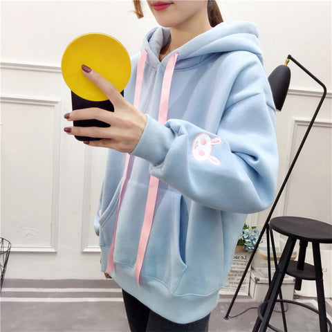 Kawaii Rabbit Ears Hoodie Winter Long Sleeve Blouse Loose Sweatshirt Design Cuff Printed Hooded Sweatshirt Soft Draw String Top
