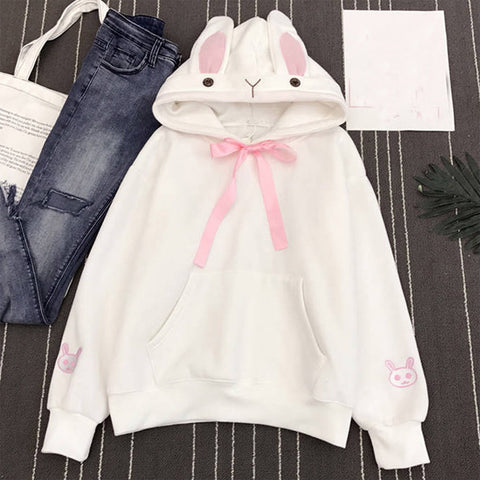 Kawaii Rabbit Ears Hoodie Winter Long Sleeve Blouse Loose Sweatshirt Design Cuff Printed Hooded Sweatshirt Soft Draw String Top