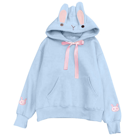 Kawaii Rabbit Ears Hoodie Winter Long Sleeve Blouse Loose Sweatshirt Design Cuff Printed Hooded Sweatshirt Soft Draw String Top