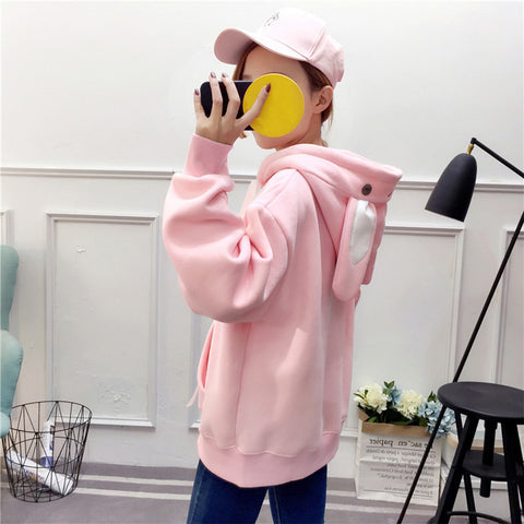 Kawaii Rabbit Ears Hoodie Winter Long Sleeve Blouse Loose Sweatshirt Design Cuff Printed Hooded Sweatshirt Soft Draw String Top