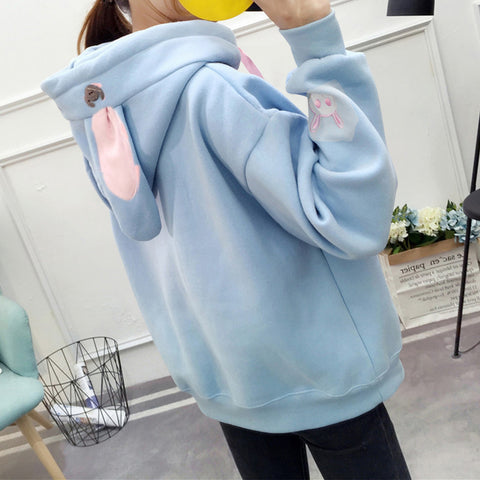 Kawaii Rabbit Ears Hoodie Winter Long Sleeve Blouse Loose Sweatshirt Design Cuff Printed Hooded Sweatshirt Soft Draw String Top