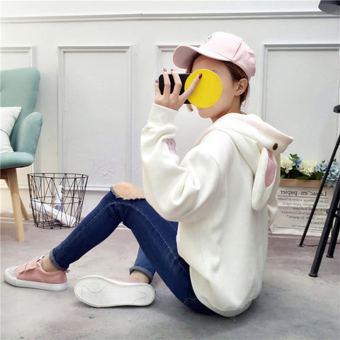 Kawaii Rabbit Ears Hoodie Winter Long Sleeve Blouse Loose Sweatshirt Design Cuff Printed Hooded Sweatshirt Soft Draw String Top