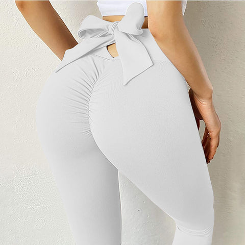 Elastic Running Leggings Pure Color Bowknot Bottoms Push Up Harajuku Fitness Ankle-length Pants Trouser Hollow Out Jeggings
