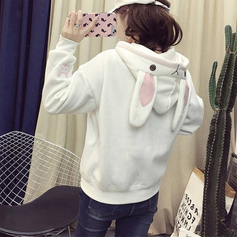 Kawaii Rabbit Ears Hoodie Winter Long Sleeve Blouse Loose Sweatshirt Design Cuff Printed Hooded Sweatshirt Soft Draw String Top