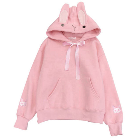 Kawaii Rabbit Ears Hoodie Winter Long Sleeve Blouse Loose Sweatshirt Design Cuff Printed Hooded Sweatshirt Soft Draw String Top