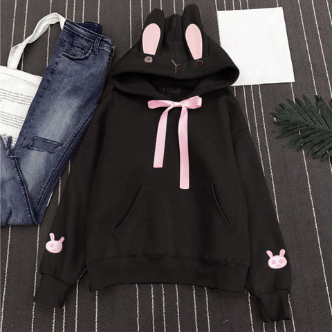 Kawaii Rabbit Ears Hoodie Winter Long Sleeve Blouse Loose Sweatshirt Design Cuff Printed Hooded Sweatshirt Soft Draw String Top
