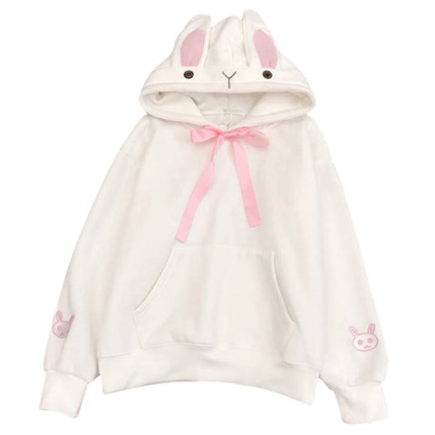 Kawaii Rabbit Ears Hoodie Winter Long Sleeve Blouse Loose Sweatshirt Design Cuff Printed Hooded Sweatshirt Soft Draw String Top