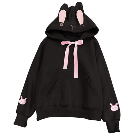Kawaii Rabbit Ears Hoodie Winter Long Sleeve Blouse Loose Sweatshirt Design Cuff Printed Hooded Sweatshirt Soft Draw String Top
