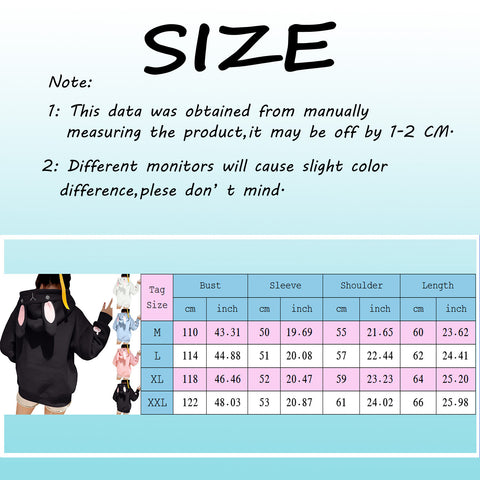 Kawaii Rabbit Ears Hoodie Winter Long Sleeve Blouse Loose Sweatshirt Design Cuff Printed Hooded Sweatshirt Soft Draw String Top