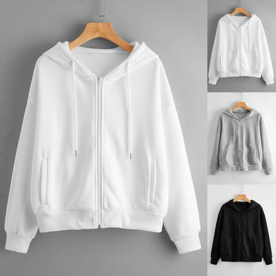 Korean Fashion Hoodies Solid Color Short Loose Hooded Sweatshirts Long Sleeve Zipper Pullovers Women Casual Hoodies Tops D5