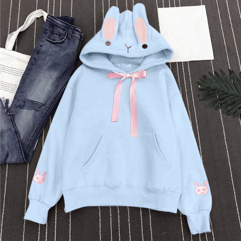 Kawaii Rabbit Ears Hoodie Winter Long Sleeve Blouse Loose Sweatshirt Design Cuff Printed Hooded Sweatshirt Soft Draw String Top