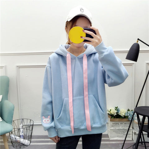 Kawaii Rabbit Ears Hoodie Winter Long Sleeve Blouse Loose Sweatshirt Design Cuff Printed Hooded Sweatshirt Soft Draw String Top