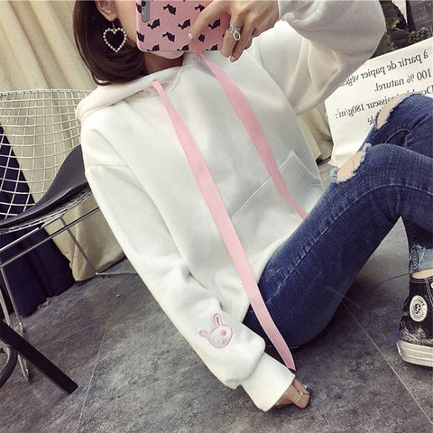 Kawaii Rabbit Ears Hoodie Winter Long Sleeve Blouse Loose Sweatshirt Design Cuff Printed Hooded Sweatshirt Soft Draw String Top