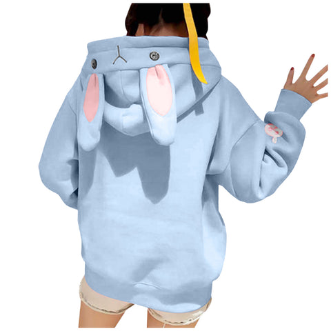 Kawaii Rabbit Ears Hoodie Winter Long Sleeve Blouse Loose Sweatshirt Design Cuff Printed Hooded Sweatshirt Soft Draw String Top