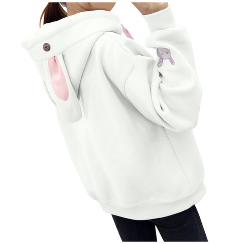 Kawaii Rabbit Ears Hoodie Winter Long Sleeve Blouse Loose Sweatshirt Design Cuff Printed Hooded Sweatshirt Soft Draw String Top