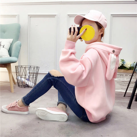 Kawaii Rabbit Ears Hoodie Winter Long Sleeve Blouse Loose Sweatshirt Design Cuff Printed Hooded Sweatshirt Soft Draw String Top