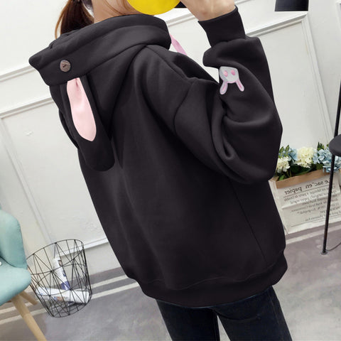 Kawaii Rabbit Ears Hoodie Winter Long Sleeve Blouse Loose Sweatshirt Design Cuff Printed Hooded Sweatshirt Soft Draw String Top