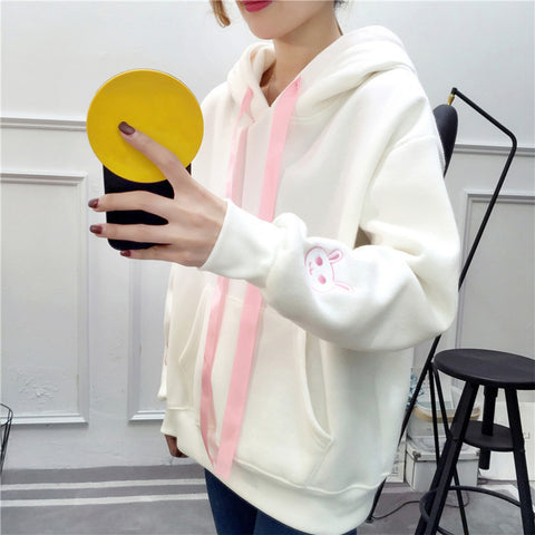 Kawaii Rabbit Ears Hoodie Winter Long Sleeve Blouse Loose Sweatshirt Design Cuff Printed Hooded Sweatshirt Soft Draw String Top