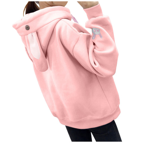 Kawaii Rabbit Ears Hoodie Winter Long Sleeve Blouse Loose Sweatshirt Design Cuff Printed Hooded Sweatshirt Soft Draw String Top