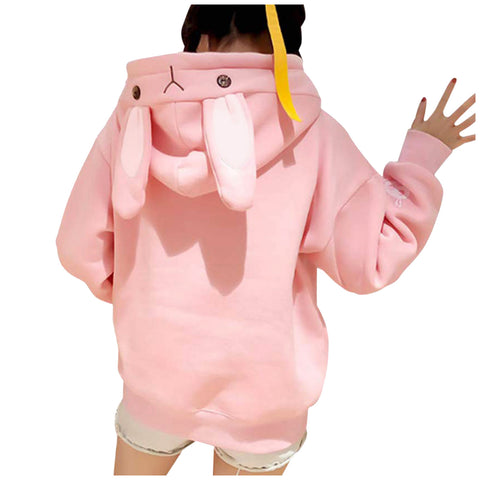 Kawaii Rabbit Ears Hoodie Winter Long Sleeve Blouse Loose Sweatshirt Design Cuff Printed Hooded Sweatshirt Soft Draw String Top